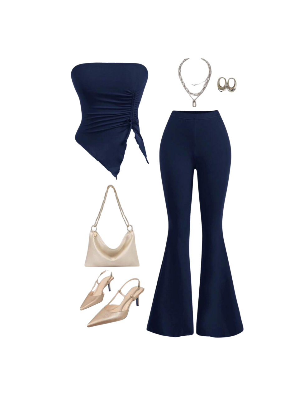 Pruched Crop Top With Asymmetric Hem And Flared Pants Outfit