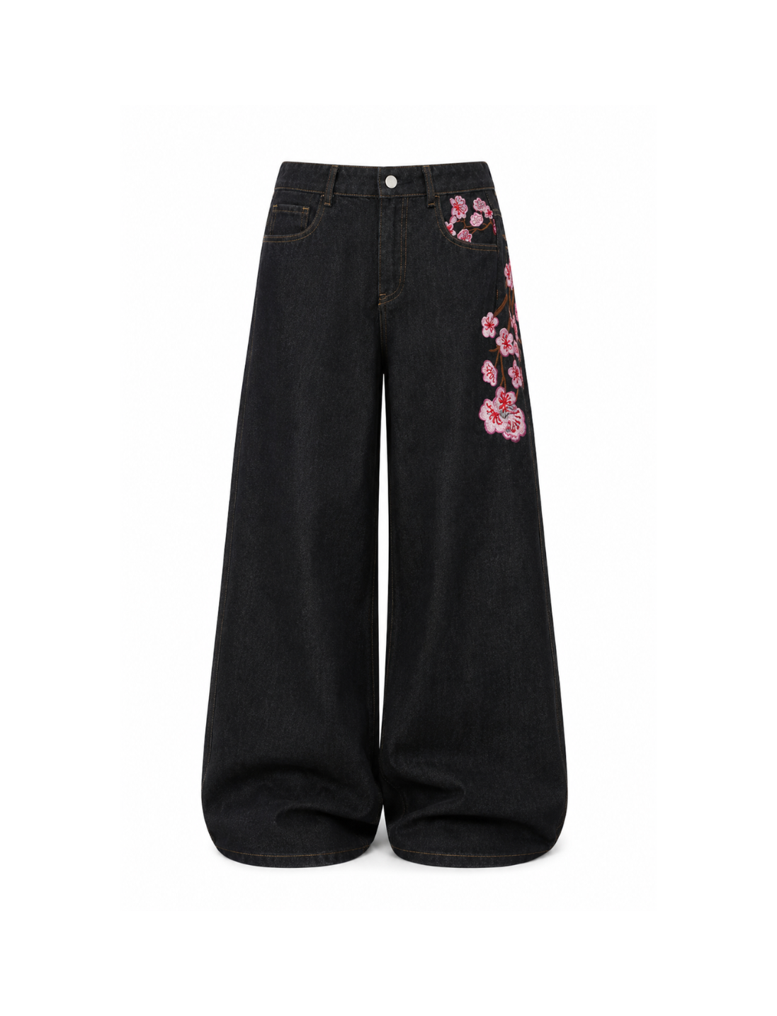 Black Embroidered Floral Design Baggy Jeans