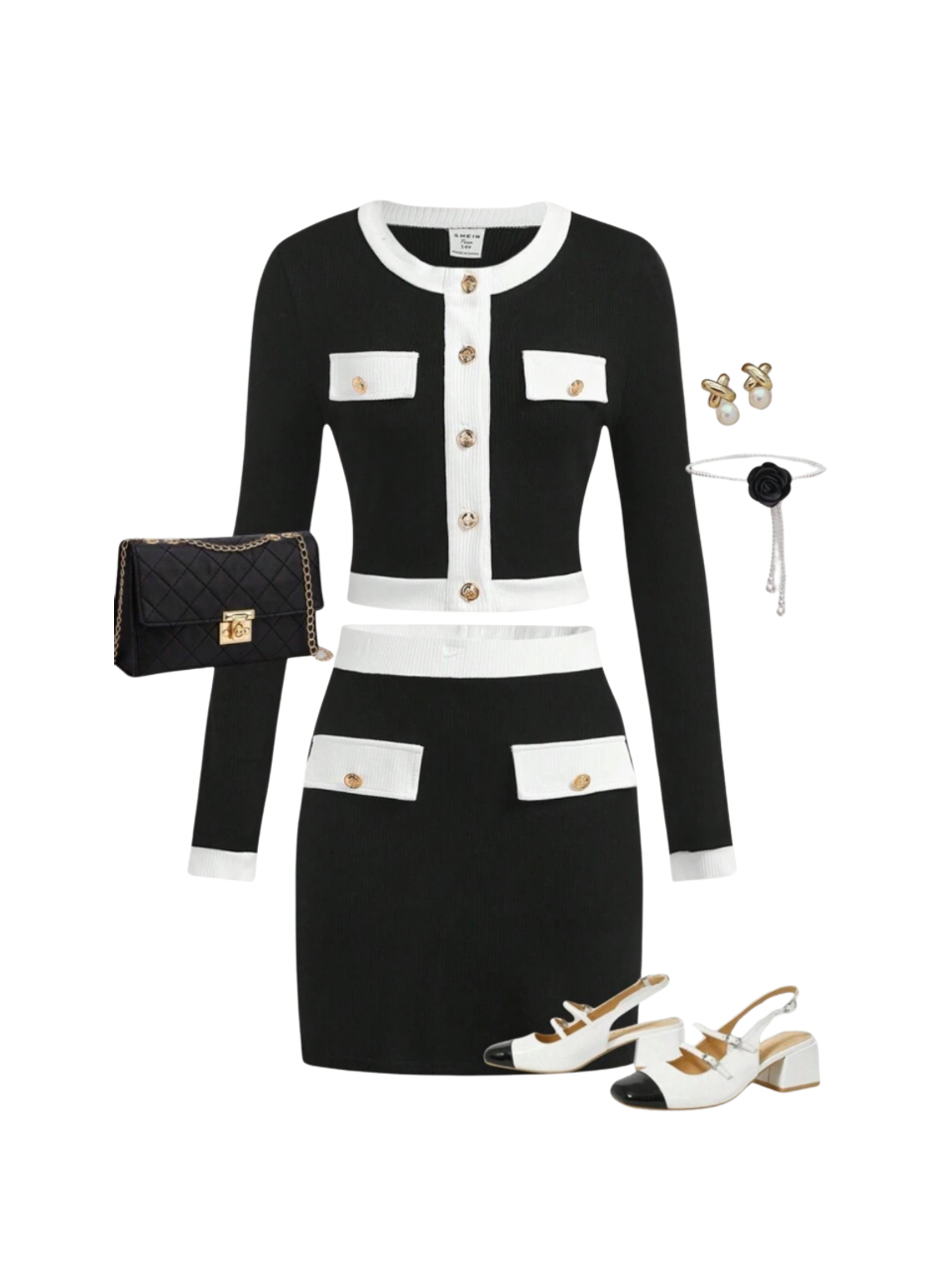 Lrib Contrast Trim Long Sleeve Top And
Skirt Set