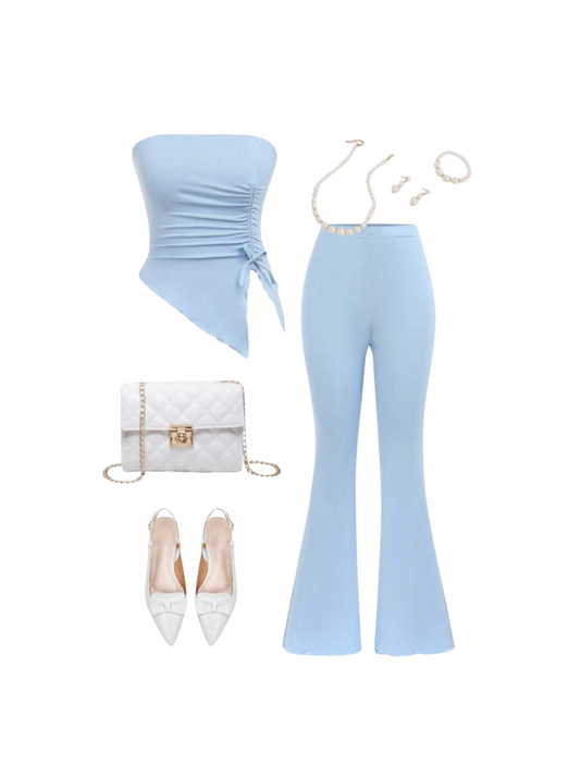 Pruched Crop Top With Asymmetric Hem And Flared Pants Outfit