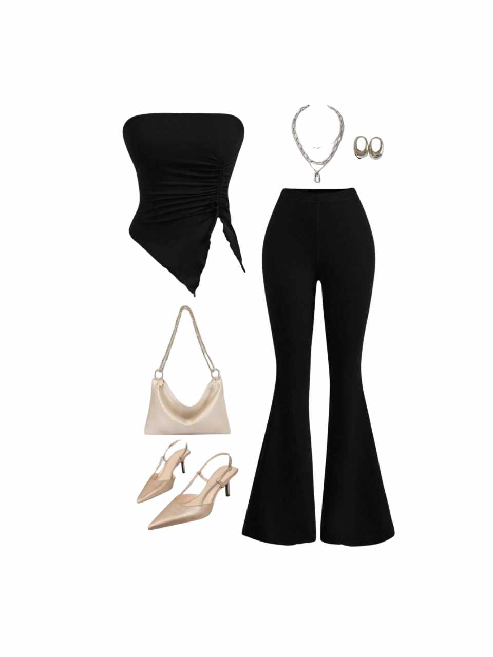 Pruched Crop Top With Asymmetric Hem And Flared Pants Outfit