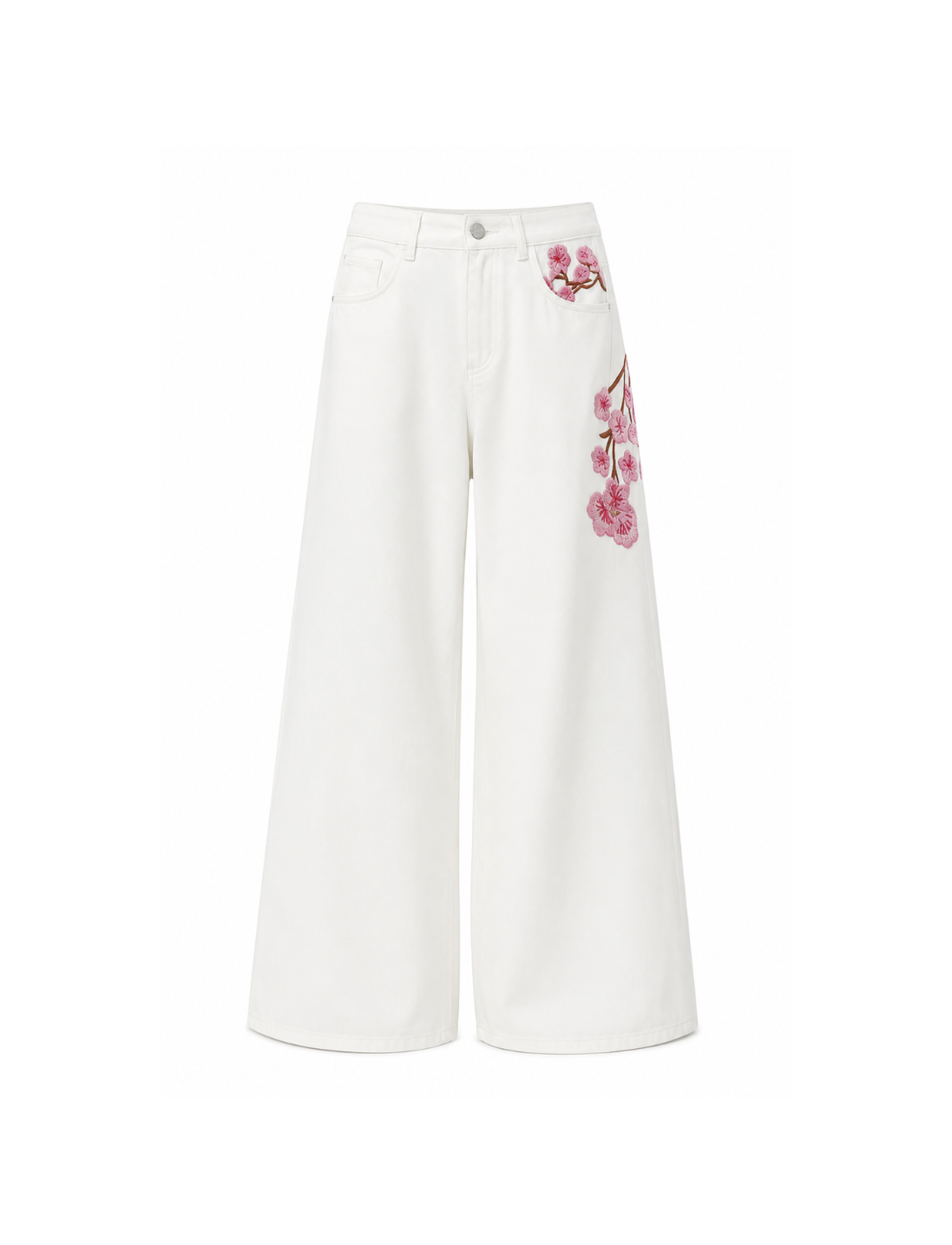 White Embroidered Floral Design Baggy Jeans