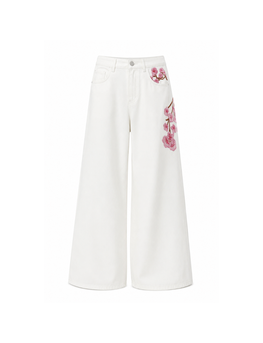 White Embroidered Floral Design Baggy Jeans