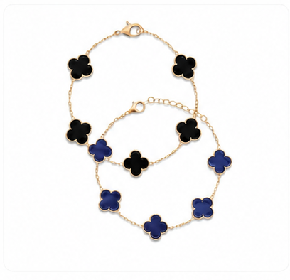 Black and blue floral jewelry set with gold-tone chain