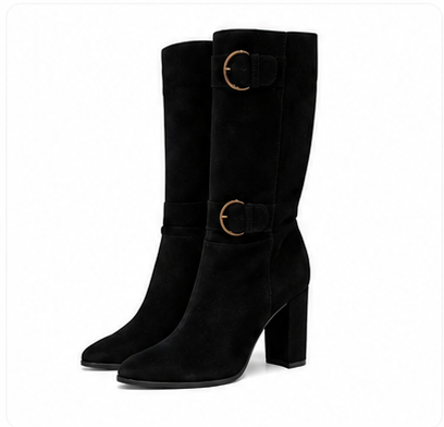 Black knee-high boots with double buckle details