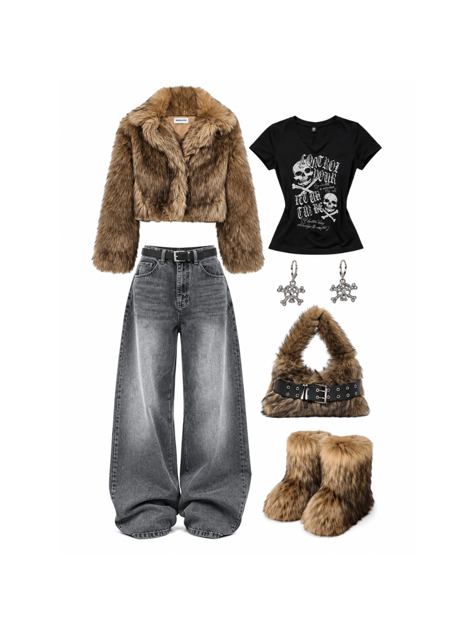 Fur and Skull Y2K streetwear outfit set