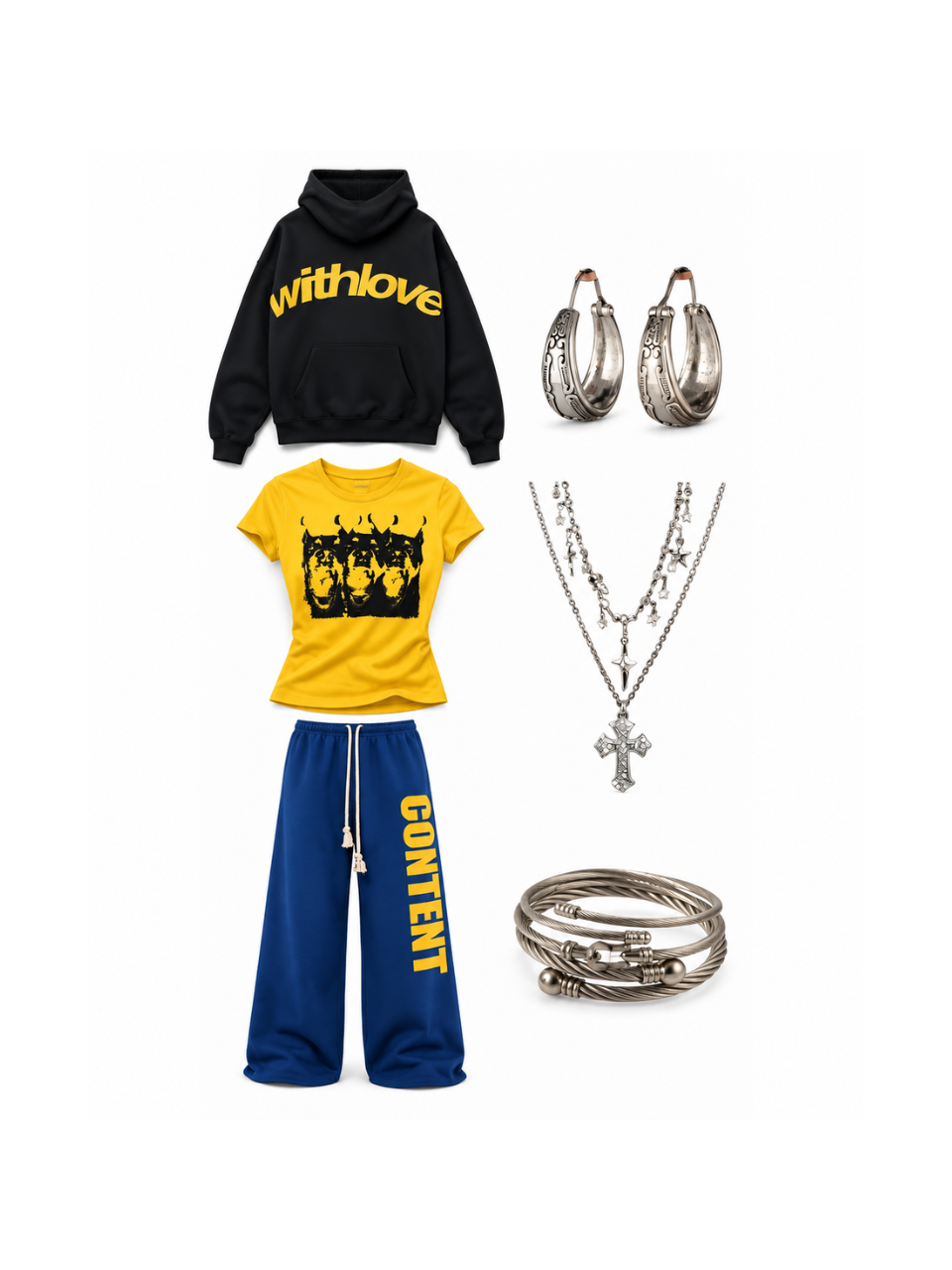 With Love gold and blue streetwear outfit set